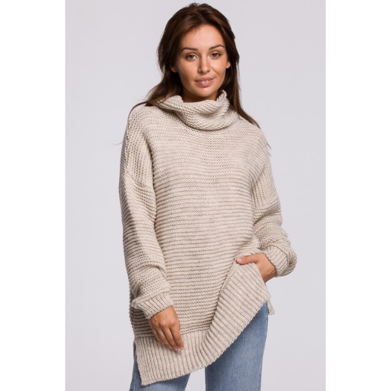BK047 Sweter oversize z golfem - beżowy
