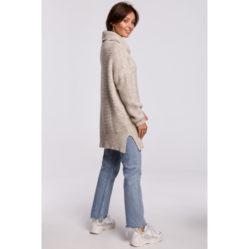 BK047 Sweter oversize z golfem - beżowy