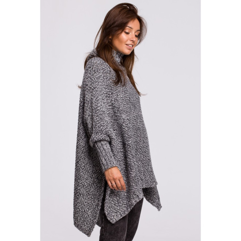 BK049 Sweter ponczo z rękawami i golfem - antracytowy
