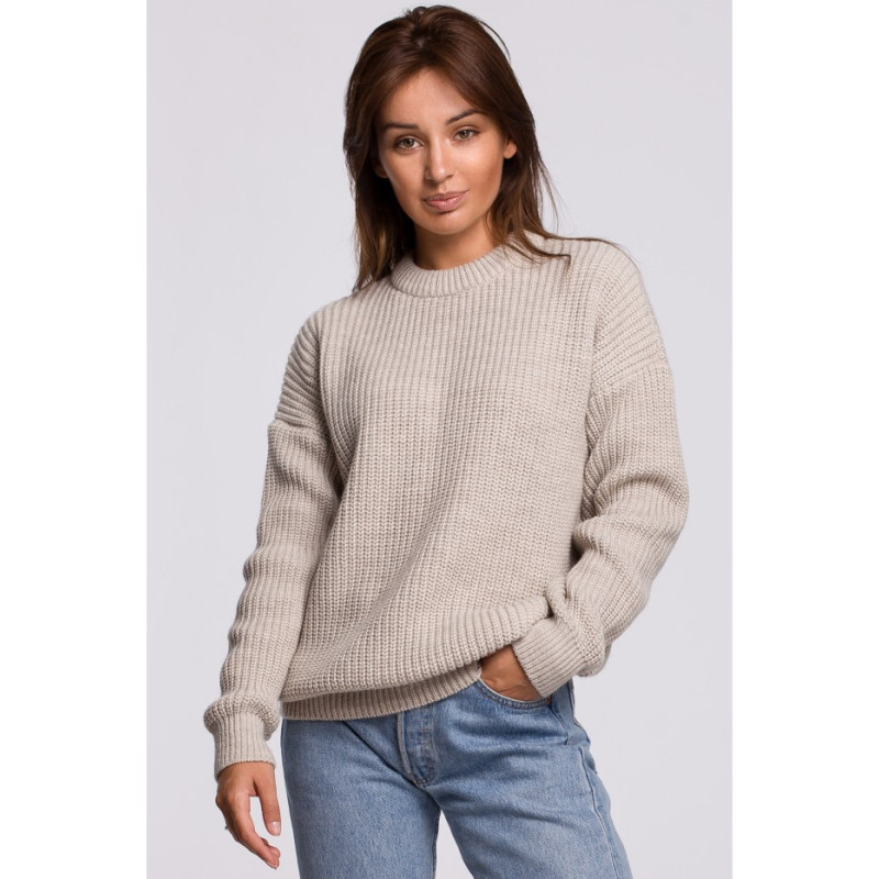 BK052 Długi sweter w prążek - beżowy