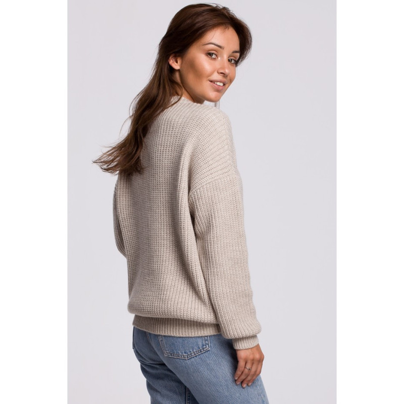 BK052 Długi sweter w prążek - beżowy