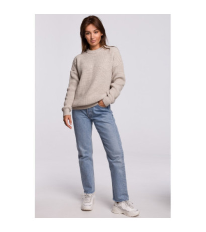 BK052 Długi sweter w prążek - beżowy