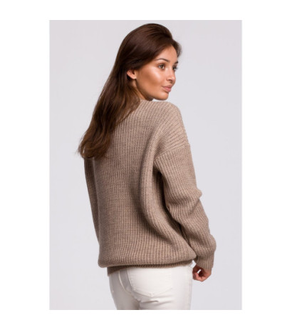 BK052 Długi sweter w prążek - cappuccino