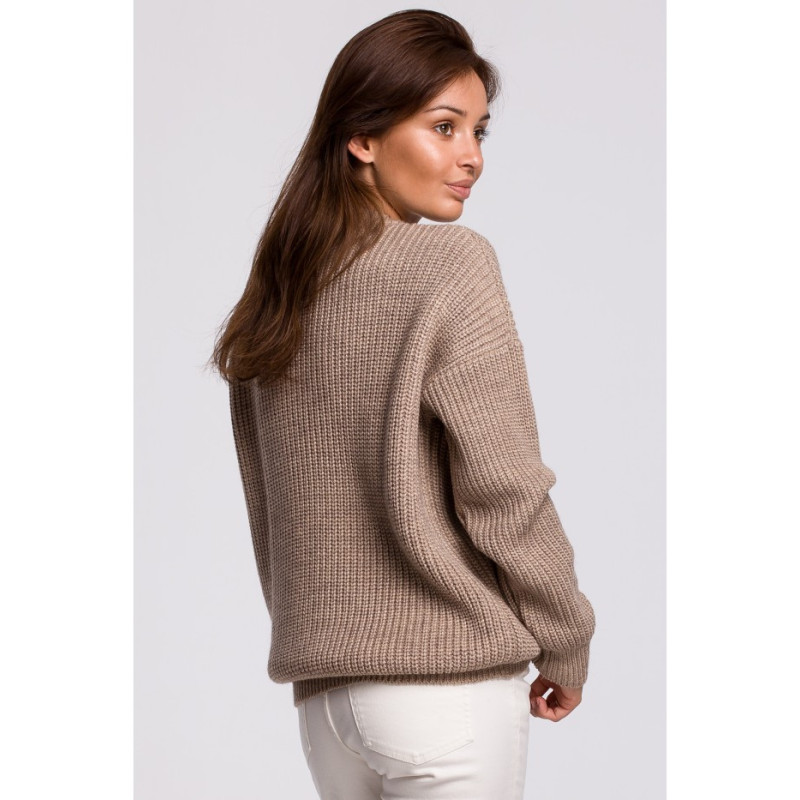 BK052 Długi sweter w prążek - cappuccino