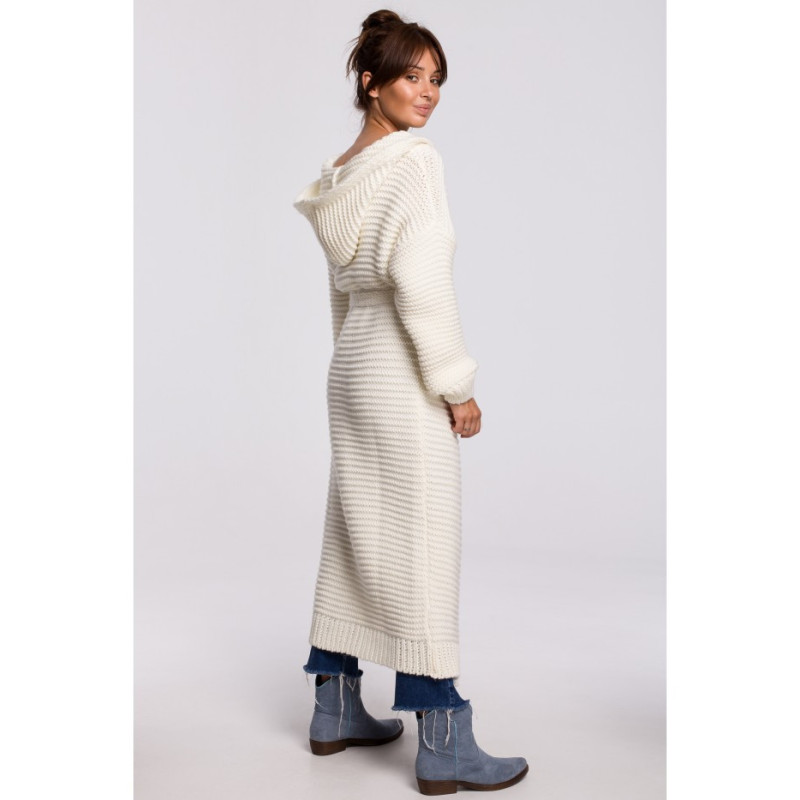 BK054 Długi kardigan z kapturem i paskiem - ecru