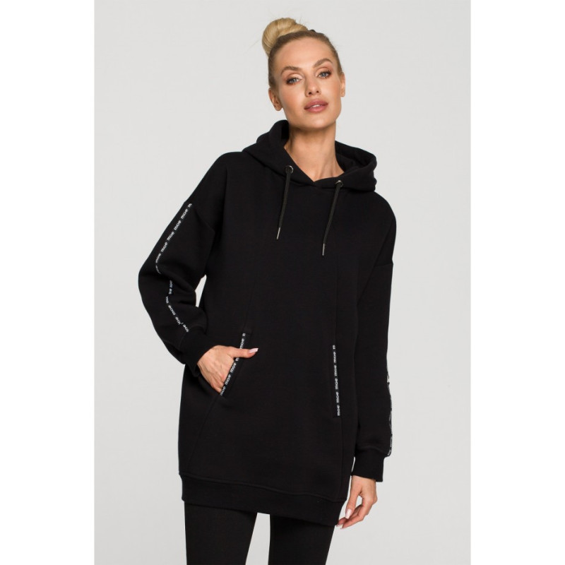 M696 Bluza z kapturem i ozdobnymi lampasami - czarna