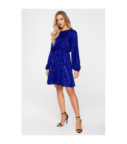 M715 Sukienka rozkloszowana z paskiem - chabrowa