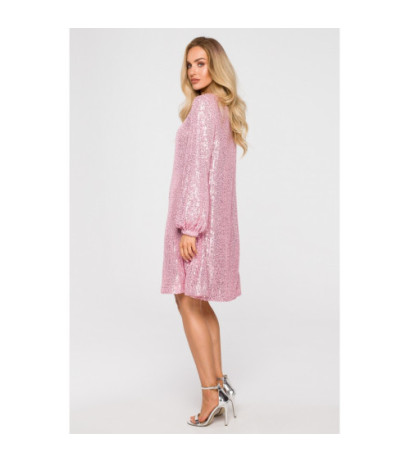 M715 Sukienka rozkloszowana z paskiem - pudrowy róż