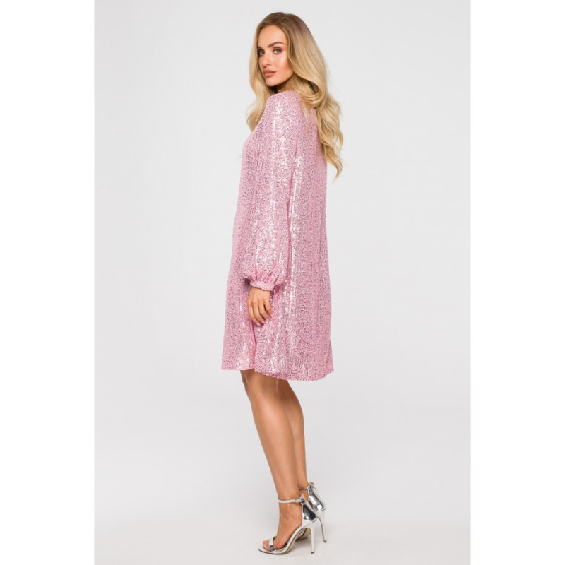 M715 Sukienka rozkloszowana z paskiem - pudrowy róż