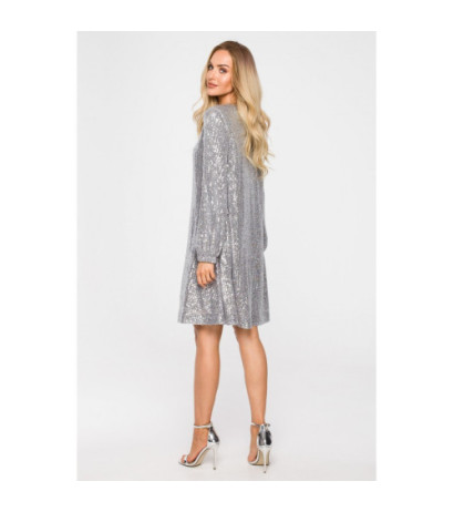 M715 Sukienka rozkloszowana z paskiem - srebrna