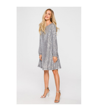 M715 Sukienka rozkloszowana z paskiem - srebrna