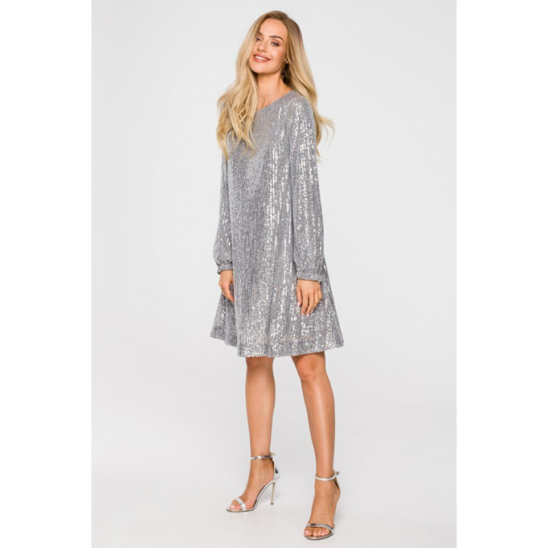 M715 Sukienka rozkloszowana z paskiem - srebrna