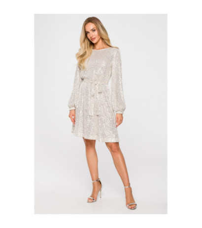 M715 Sukienka rozkloszowana z paskiem - szampańska