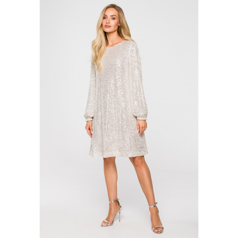 M715 Sukienka rozkloszowana z paskiem - szampańska