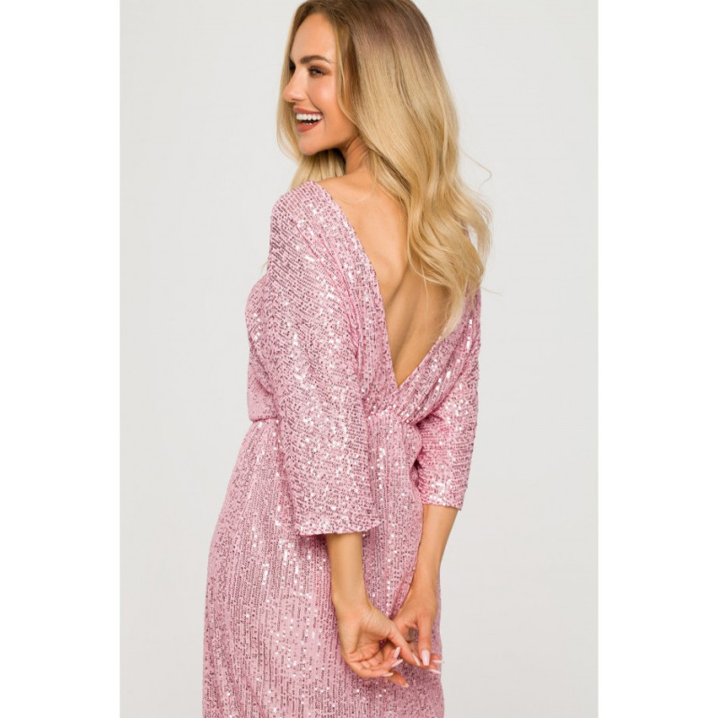 M716 Sukienka z głębokim dekoltem na plecach - pudrowy róż