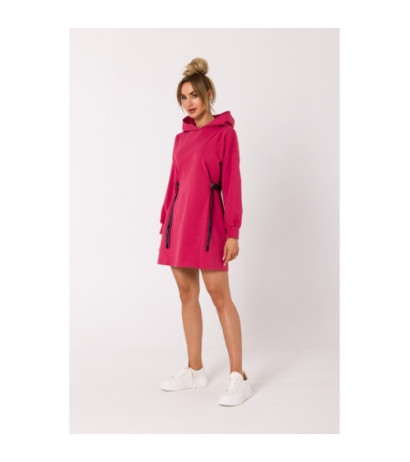 M730 Sukienka z kapturem i lampasami w talii - koralowa