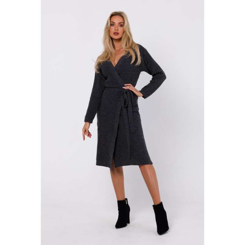 M772 Sukienka na zakładkę wiązana wokół talii - antracytowa