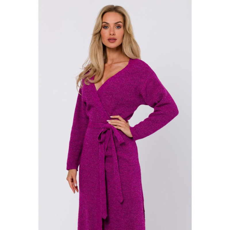 M772 Sukienka na zakładkę wiązana wokół talii - malinowa