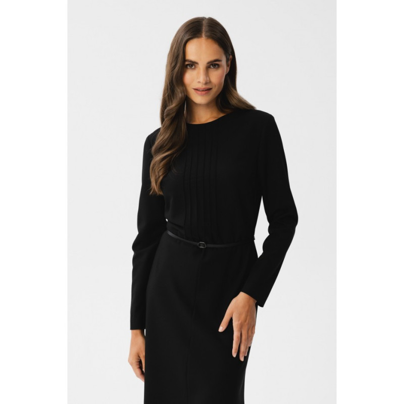 S347 Sukienka z przeszyciami na dekolcie - czarna