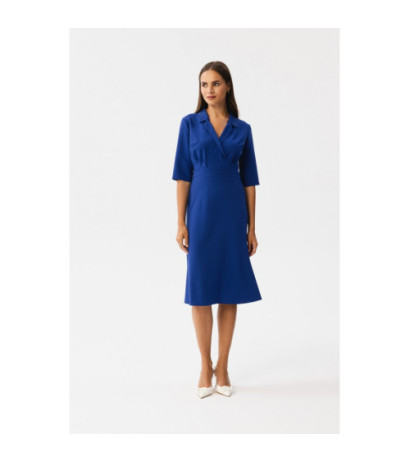 S348 Sukienka z kopertowym dekoltem i kołnierzykiem - chabrowa