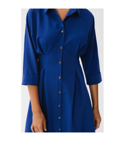 S351 Sukienka szmizjerka z zakładkami w talii - chabrowa