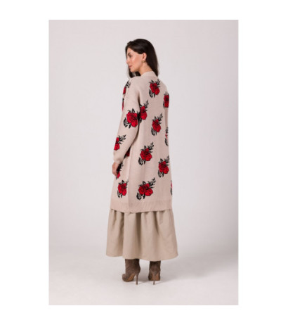 BK102 Długi kardigan w róże - beżowy