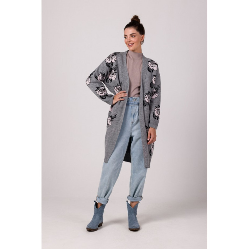 BK102 Długi kardigan w róże - popielaty