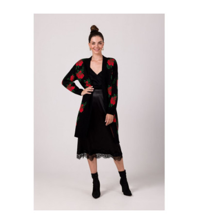 BK102 Długi kardigan w róże - czarny