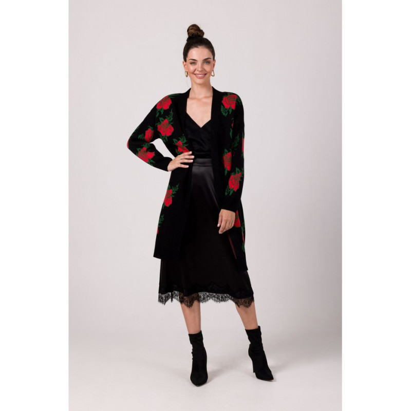 BK102 Długi kardigan w róże - czarny