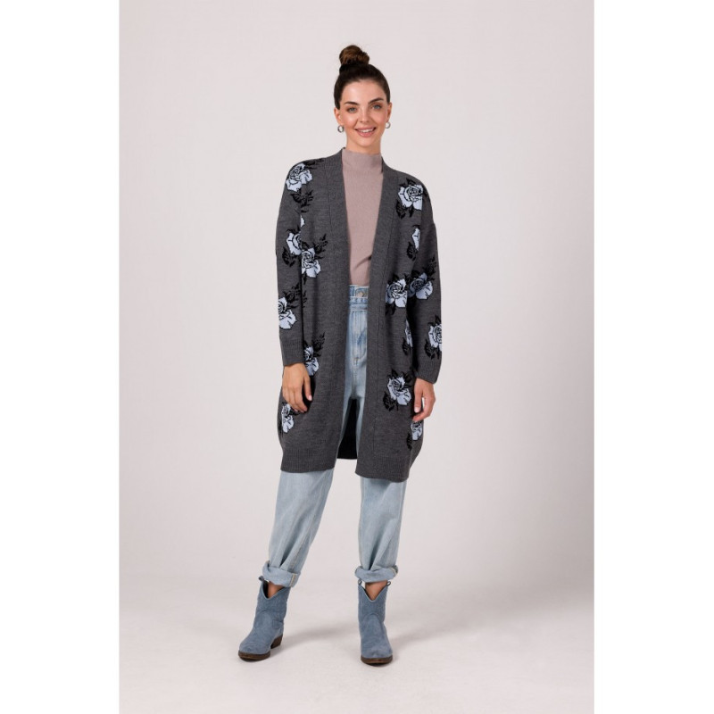 BK102 Długi kardigan w róże - grafitowy
