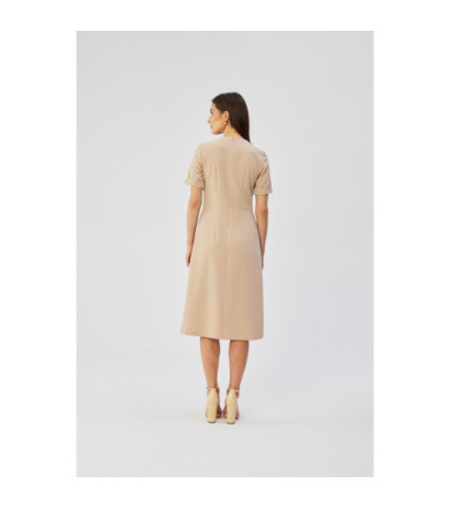 S361 Sukienka z ozdobnymi zakładkami na boku - beżowa