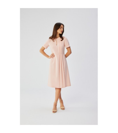 S361 Sukienka z ozdobnymi zakładkami na boku - pudrowa