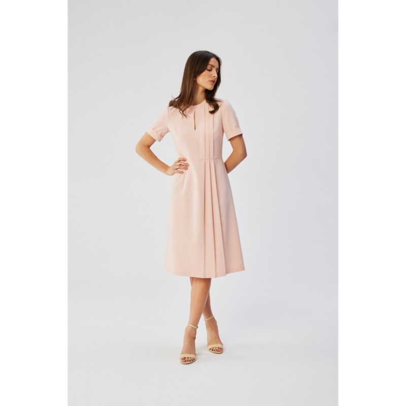 S361 Sukienka z ozdobnymi zakładkami na boku - pudrowa