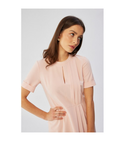 S361 Sukienka z ozdobnymi zakładkami na boku - pudrowa