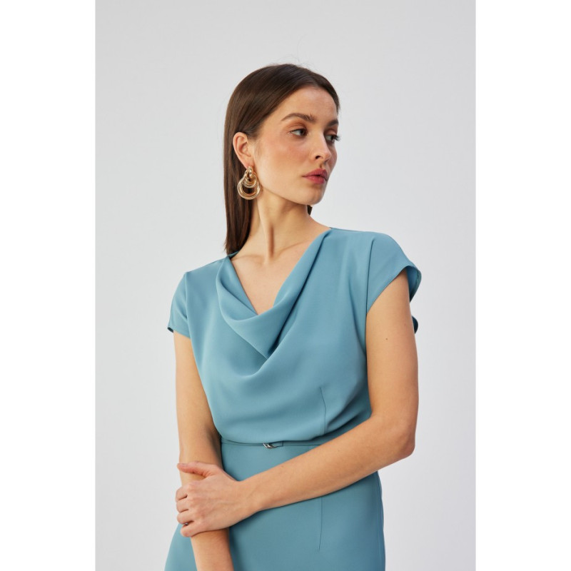 S362 Sukienka asymetryczna z dekoltem typu woda - zimnoniebieska