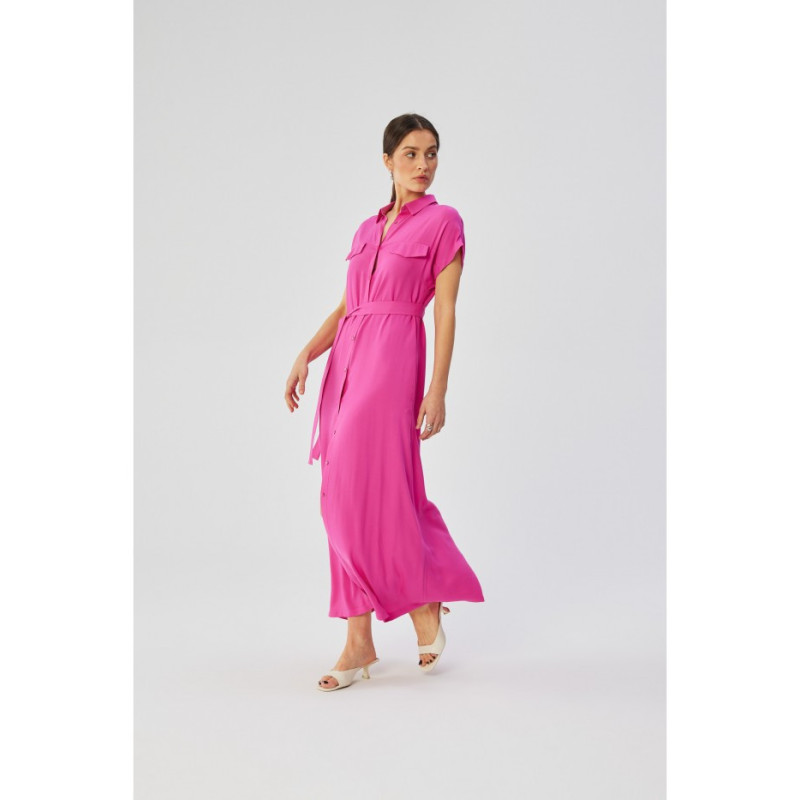 S364 Sukienka maxi rozpinana z krótkimi rękawami - liliowa