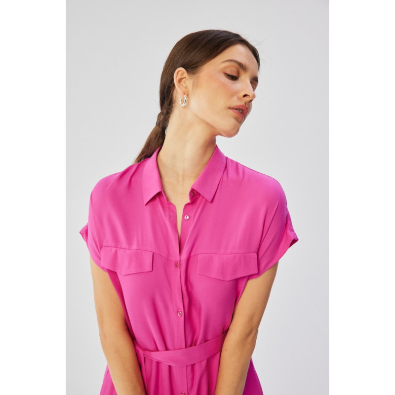 S364 Sukienka maxi rozpinana z krótkimi rękawami - liliowa