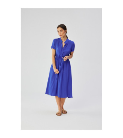 S366 Sukienka ze stójką i wiązaniem w pasie - niebieska