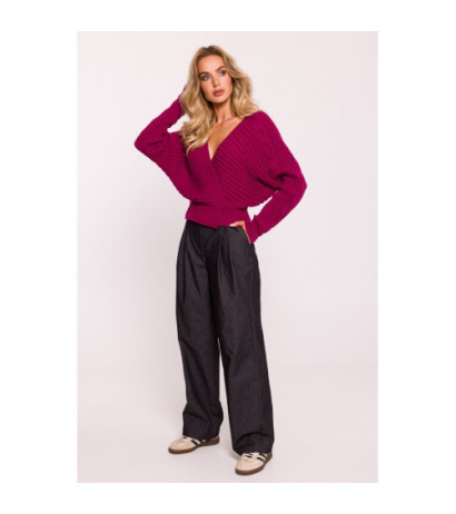 M809 Krótki sweterek z kopertowym dekoltem - różowy