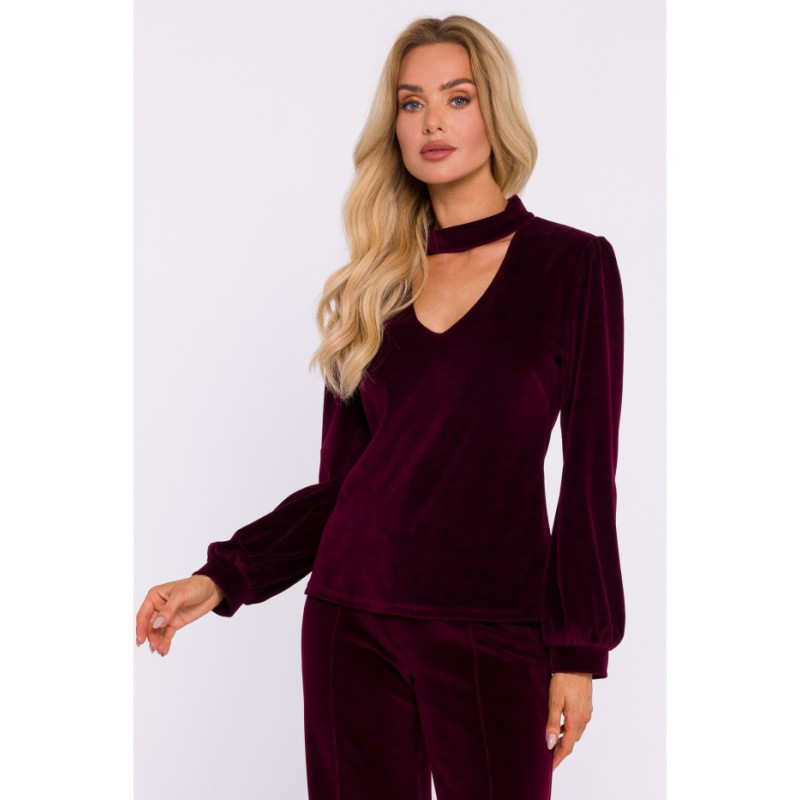 M831 Welurowa bluzka z dekoltem typu halter neck - bordowa