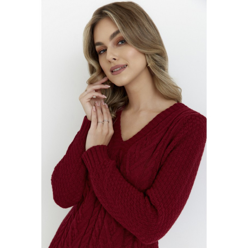 M713 Sukienka ze splotem warkoczowym na przodzie - bordowa