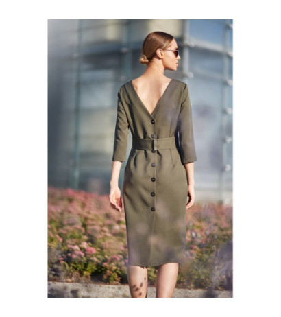 S119 Gładka sukienka ołówkowa z paskiem - khaki