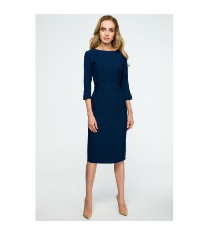 S119 Gładka sukienka ołówkowa z paskiem - granatowa