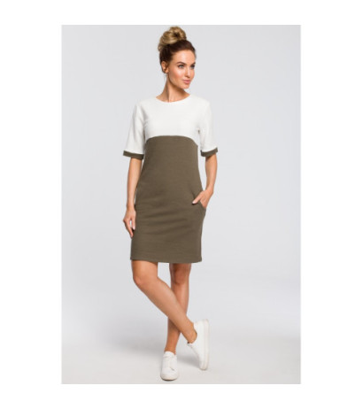 M418 Wygodna dwukolorowa sukienka - militarno-zielona