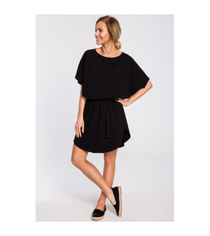 M433 Bawełniana sukienka mini z paskiem - czarna