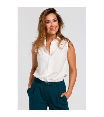 S172 Bluzka damska z kołnierzykiem bez rękawów - ecru