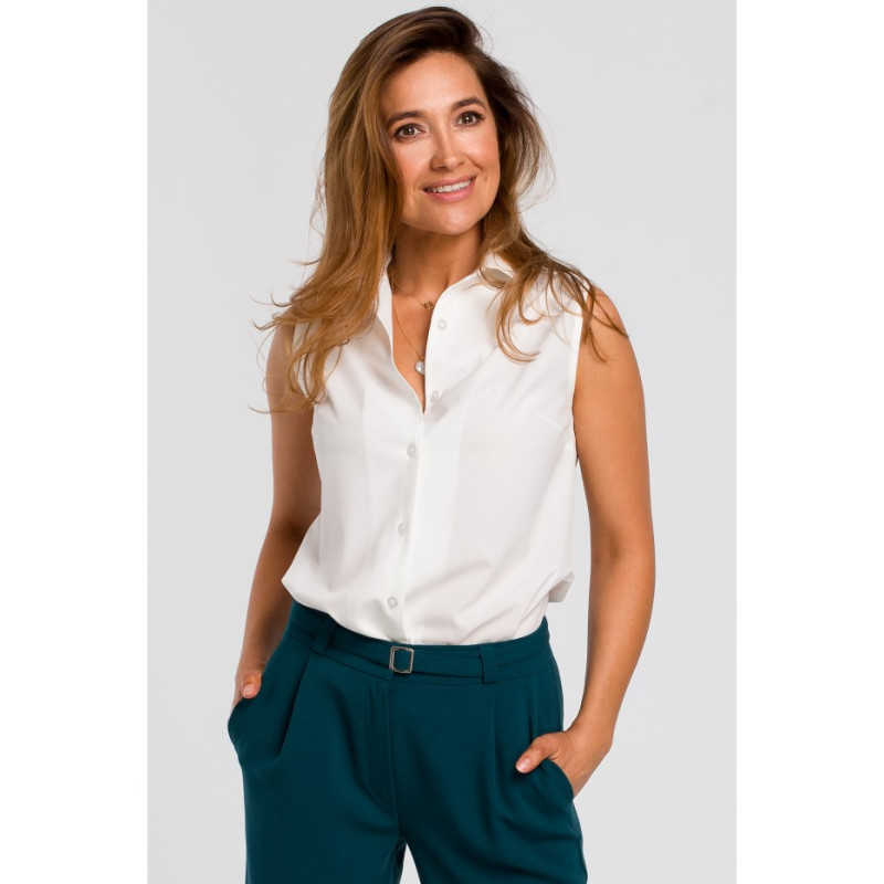S172 Bluzka damska z kołnierzykiem bez rękawów - ecru