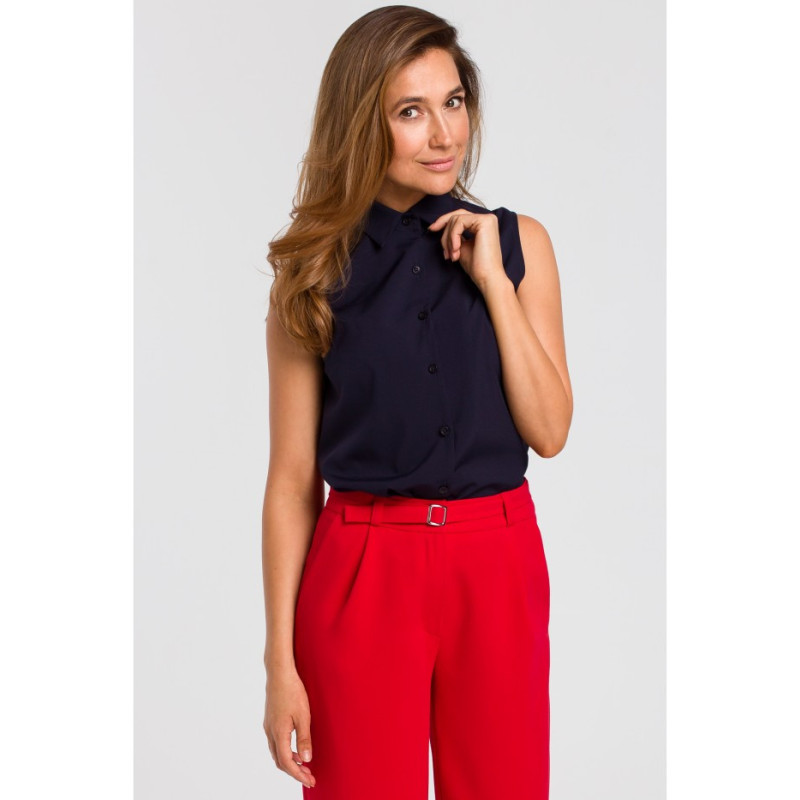 S172 Bluzka damska z kołnierzykiem bez rękawów - granatowa
