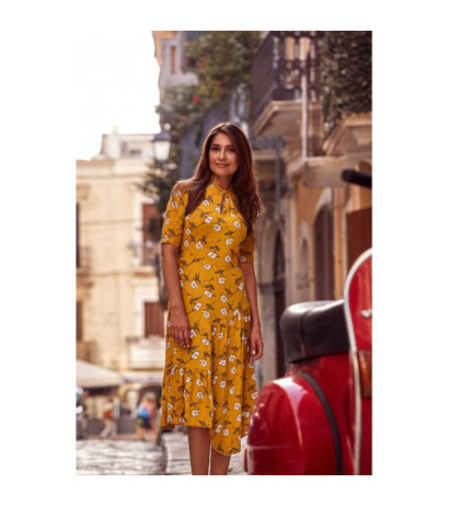 S177 Sukienka midi w kwiaty z pęknięciem w dekolcie - model 1