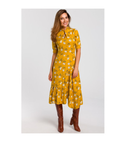 S177 Sukienka midi w kwiaty z pęknięciem w dekolcie - model 1